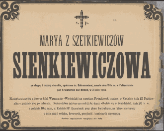 Nekrolog Ś. P. Marya z Szetkiewiczów Sienkiewiczowa